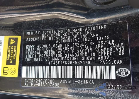 2016 Toyota Camry Le z USA, uszkodzony, nr VIN 4T4BF1FK2GR532179